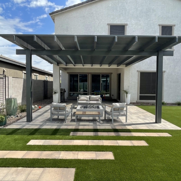 Backyard Alumawood patio cover installation in Mesa, AZ