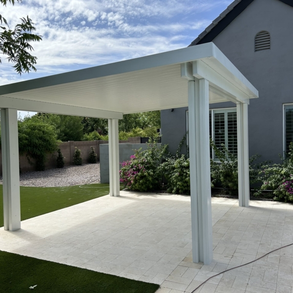 White solid newport patio cover installed in Mesa, AZ